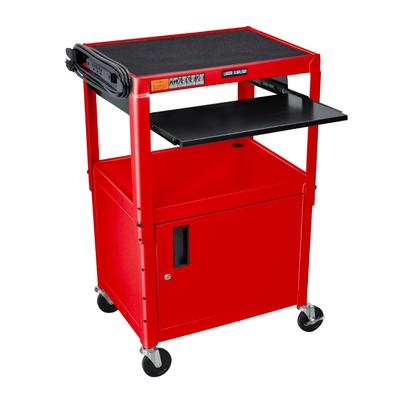 Adjustable Height Red Metal A/V Cart w/ Pullout Keyboard Tray and Cabinet - Luxor AVJ42KBC-RD