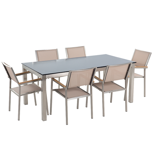 Gartenmöbel Set Schwarz Beige Sicherheitsglas Edelstahl Tisch 180 cm 6 Stühle Terrasse Outdoor Modern