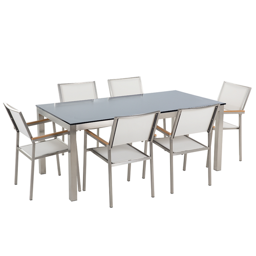 Gartenmöbel Set Schwarz Weiß Sicherheitsglas Edelstahl Tisch 180 cm 6 Stühle Terrasse Outdoor Modern