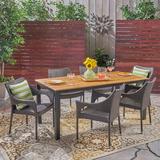 Gracie Oaks Mehta 7 Piece Teak Outdoor Dining Set Wood/Wicker/Rattan in Black/Brown/White | 30 H x 70.75 W x 34 D in | Wayfair