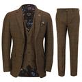 Mens Classic Tweed 3 Piece Suit Tan Brown Herringbone Navy Check Retro Tailored Fit[SUIT-X6680-1-TAN-52,UK/US 52 EU 62,Trouser 46"]