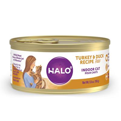 Halo Indoor Grain Free Turkey & Duck Recipe Pate Canned Cat Food, 5.5 oz., Case of 12