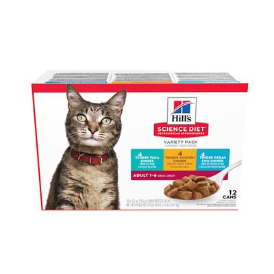 Hill's Science Diet Adult Tender Dinner Chicken, Tuna and Ocean Fish Canned Wet Cat Food Variety Pack, 5.5 oz., Pack of 12