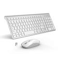 Rechargeable Wireless Keyboard and Mouse, J JOYACCESS Full Size Ultra Thin Wireless Keyboard and Mouse, 2400 DPI Quiet Mouse, for Computer, Smart TV, Laptop,(QWERTY UK Layout) - Silver + White