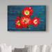 Winston Porter 'Red Flowers-Blue' Oil Painting Print on Wrapped Canvas Metal in Blue/Red | 22 H x 32 W x 2 D in | Wayfair