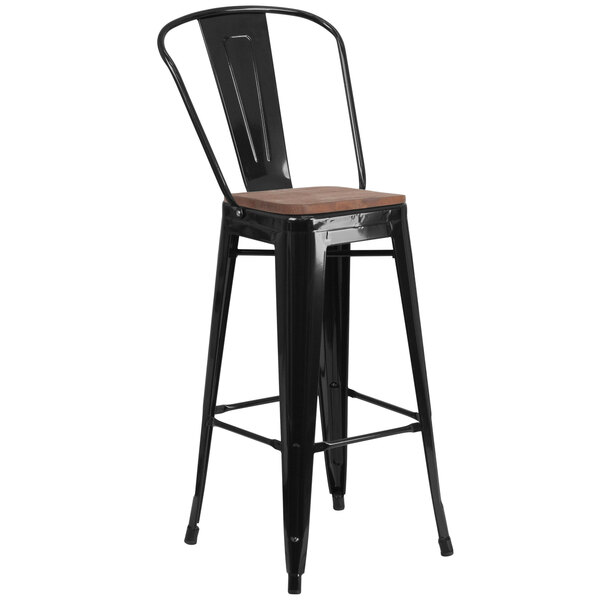 Flash Furniture CH-31320-30GB-BK-WD-GG 30" Black Stackable Metal Bar Height Stool with Vertical Slat Back and Wood Seat