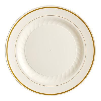 12/Pack - WNA Comet MP10IPREM 10 1/4" Ivory Masterpiece Plastic Plate with Gold Accent Bands