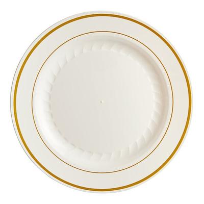 15/Pack - WNA Comet MP75IPREM 7 1/2" Ivory Masterpiece Plastic Plate with Gold Accent Bands