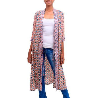 Kelud Crisscross,'Chili and Azure Printed Rayon Lo...