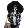 Aox Women Winter Faux Fur Hood Down Coat Lady Thicken Puffer Slim Zipper Jacket Parka (14, Black Faux Fur)