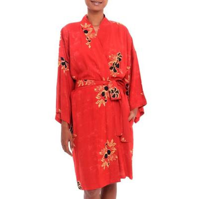 Crimson Floral,'Crimson Rayon Robe with Black Flor...