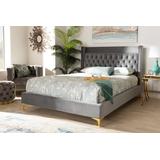 Baxton Studio Valery Modern Dark Gray Velvet Fabric Queen Size Platform Bed w/ Gold-Finished Legs - BBT6740-Dark Grey-Queen