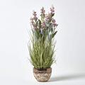 HOMESCAPES Pink Artificial Lavender Plant with Long Realistic Green Leaves Potted In a Brown & White Ceramic Bowl, 66cm Tall for Indoor Decoration