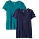 Amazon Essentials Damen Kurzärmeliges T-Shirt mit V-Ausschnitt, Klassischer Schnitt, 2er-Pack, Dunkelgrün/Marineblau, L
