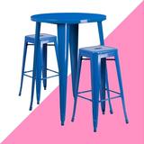 Williston Forge Gyala 30" Round Metal Indoor-Outdoor Bar Table Set w/ 2 Square Seat Backless Stools Metal in Blue | 41" H x 30" W x 30" D | Wayfair