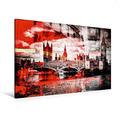 Calvendo Premium Textil-Leinwand 120 cm x 80 cm Quer, London Westminster Bridge und Rote Busse | Wandbild, Bild auf Keilrahmen, Fertigbild auf Echter Leinwand. Moderne Urbane Komposition Orte Orte