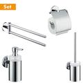 hansgrohe Bad Zuberhör Accessoires Set Logis mit Seifenspender (zweiarmigem Handtuchhalter, Papierrollenhalter mit Abdeckung und WC Bürstengarnitur chrom mit Kristallglas)