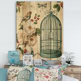 East Urban Home Blue Cottage Bird, Birdcage & Apple Blossoms II - Floral & botanical Print on Natural Pine in Brown | 20 H x 12 W x 1 D in | Wayfair