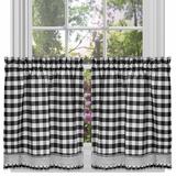 August Grove® Jarrett Plaid Ruffled 58" Kitchen Curtain Polyester in White/Black | 36 H x 58 W x 1.5 D in | Wayfair