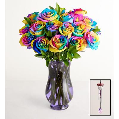 1-800-Flowers Flower Delivery Rainbow Roses 12-24 Stems, 24 Stems W/ Purple Vase & Windchime | Happiness Delivered To Their Door