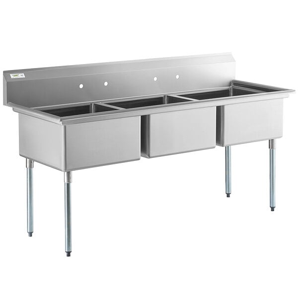 Regency 78" 16-Gauge Stainless Steel Three Compartment Commercial Sink with Galvanized Steel Legs and without Drainboard - 23" x 23" x 12" Bowls