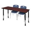 "Kee 72"" x 24"" Height Adjustable Mobile Classroom Table in Mahogany & 2 Andy 18-in Stack Chairs in Navy Blue - Regency MT7224MHAPCBK40NV"