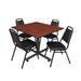 "Kobe 48"" Square Breakroom Table in Cherry & 4 Restaurant Stack Chairs in Black - Regency TKB4848CH29BK"