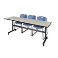 "Kobe 84"" Flip Top Mobile Training Table in Maple & 3 Zeng Stack Chairs in Blue - Regency MKFT8424PL44BE"