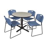 "Cain 36"" Round Breakroom Table in Maple & 4 Zeng Stack Chairs in Blue - Regency TB36RNDPL44BE"