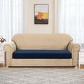 Winston Porter Stretch Textured Grid Box Cushion Loveseat Slipcover Polyester/Microfiber/Microsuede in Blue | 10 H x 50 W x 27.5 D in | Wayfair