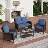 Charlton Home® Stiltner 4 Piece Rattan Sofa Seating Group w/ Cushions Synthetic Wicker/All - Weather Wicker/Wicker/Rattan in Blue/Brown | Outdoor Furniture | Wayfair