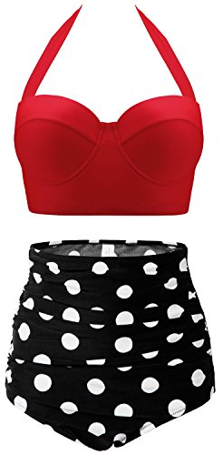 CHERRY CAT Vintage Polka High Waisted Bathing Suits Bikini Swimsuit (US8-10=Tag Size XL, Red)