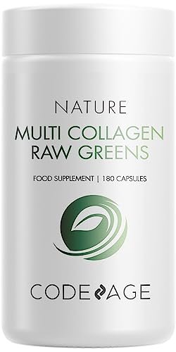Codeage Multi Collagen Protein + Organic Raw Greens Superfood Capsules Supplement, 21 Fruits & Veggies, Grass-Fed Hydrolyzed Collagen Peptides, 5 Types All-in-One, 180 Count