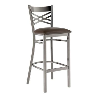 Lancaster Table & Seating Clear Coat Finish Cross Back Bar Stool with 2 1/2" Dark Brown Vinyl Padded Seat - Detached Seat