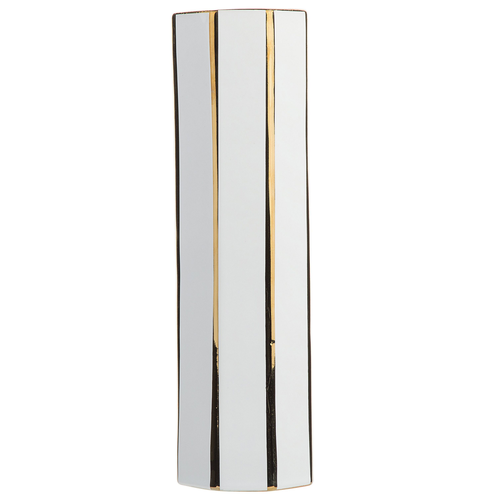 Blumenvase Weiß mit Gold Keramik 12 x 40 cm mit eckiger Grundfläche Vertikale Linien Modern