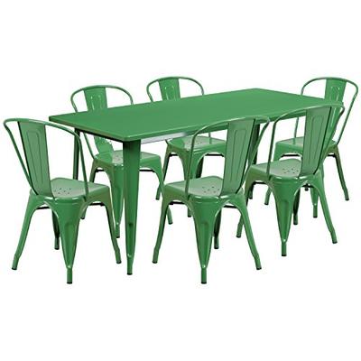 Flash Furniture 31.5'' x 63'' Rectangular Green Metal Indoor-Outdoor Table Set with 6 Stack Chairs