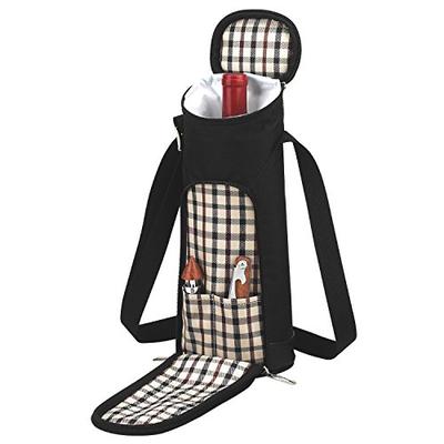 Picnic at Ascot Stylish Single Wine Bottle Tote Bag with Corkscrew and Wine Stopper - London Plaid