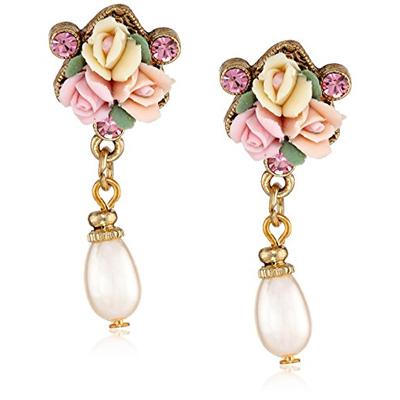 1928 Jewelry Gold-Tone Crystal Pink Porcelain Rose Simulated Pearl Drop Earrings