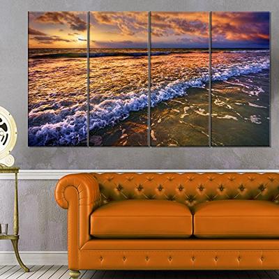Designart Beautiful Sunset with White Waters - Seashore on Canvas Metal Wall Art 28'' H x 48'' W x 1