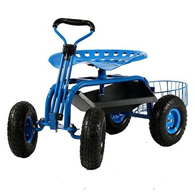Sunnydaze Garden Cart Rolling Scooter with Extendable Steer Handle, Swivel Seat & Utility Tool Tray,