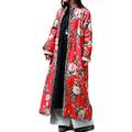 LZJN Women's Warm Fleece Lining Trench Coat Jacket with Floral Print Chinese Style Overcoat (Red, M)