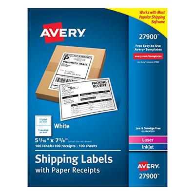 Avery White Shipping Labels with Paper Receipts, 5-1/16"x7-5/8", 100 Pack (27900)