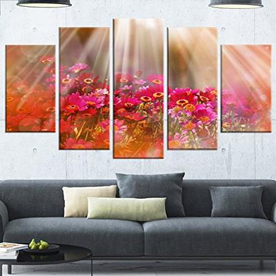 Designart Sunlight Over Garden with Flowers - Large Floral Glossy Work Metal Wall Art 60x32-5 Panels
