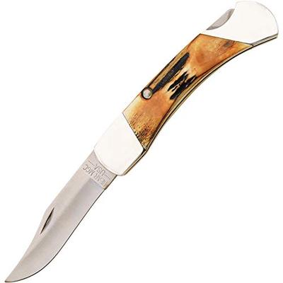 Bear & Son 597 Genuine India Stag Bone Professional Lockback Knife with Leather Sheath, 5-Inch