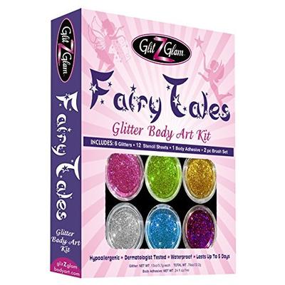 Fairy Tales Glitter Tattoo Kit with 6 Large Glitters & 12 Amazing Stencils - HYPOALLERGENIC and DERM