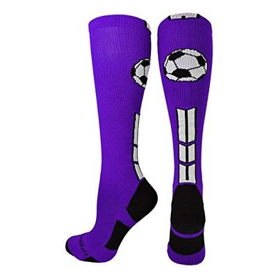 MadSportsStuff Soccer Socks with Soccer Ball Logo Over The Calf (Purple/Black/White, Medium)