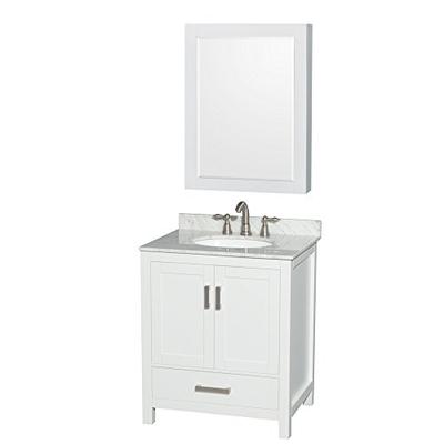 Wyndham Collection Sheffield 30 inch Single Bathroom Vanity in White, White Carrara Marble Counterto