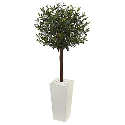 Nearly Natural Artificial 5' Olive Topiary Tree in White Tower Planter Green