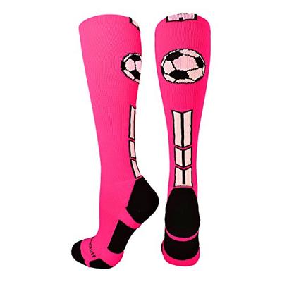 MadSportsStuff Soccer Socks with Soccer Ball Logo Over The Calf (Neon Pink/Black/White, Medium)