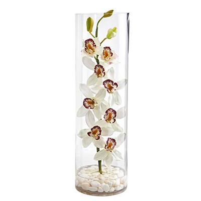 Nearly Natural 1710-WH Cymbidium Orchid Artificial Tall Cylinder Vase Silk Arrangements White